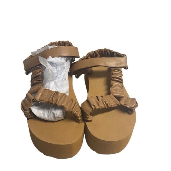 JUST FAB Taneisa Women’s Rusched Strap Wedge Sandal Size 9 Tan - Picture 1 of 12